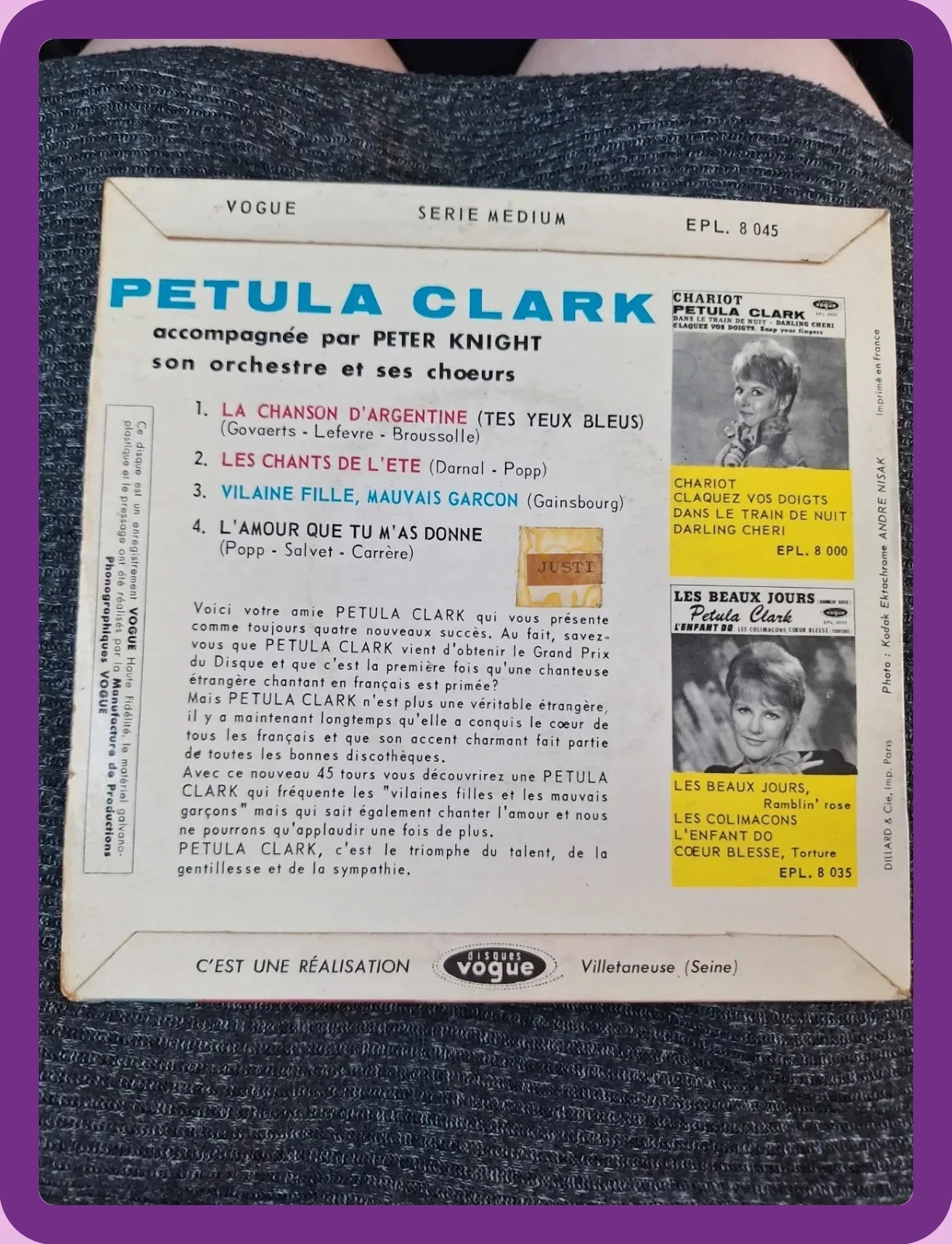 Disco de vinilo 45T EP Petula Clark – Chica mala, chico malo / Canción de Argentina – photo 2